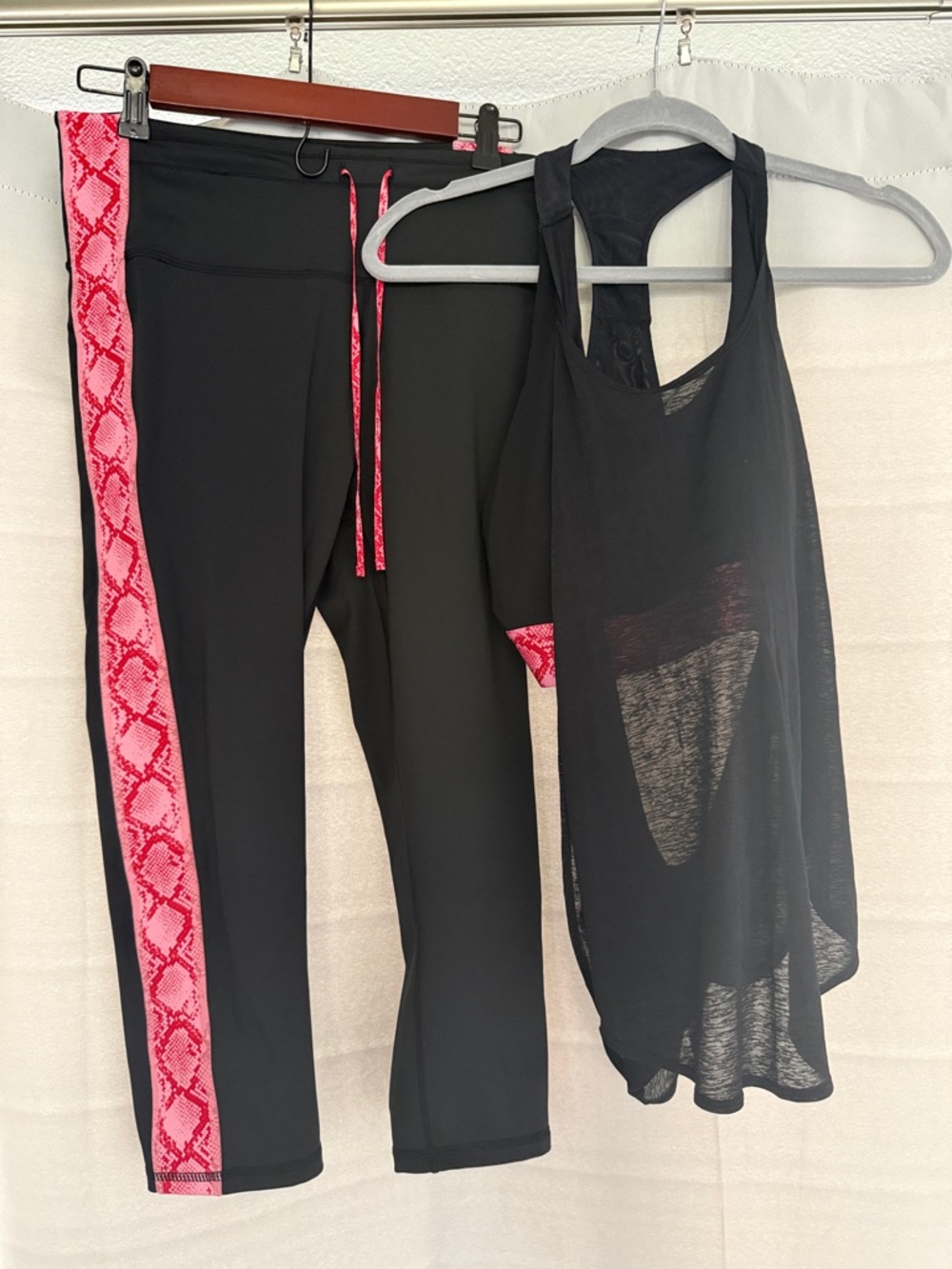 Black Athletic Leggings with Pink Snake-Print Stripe & Black Racerback Tank